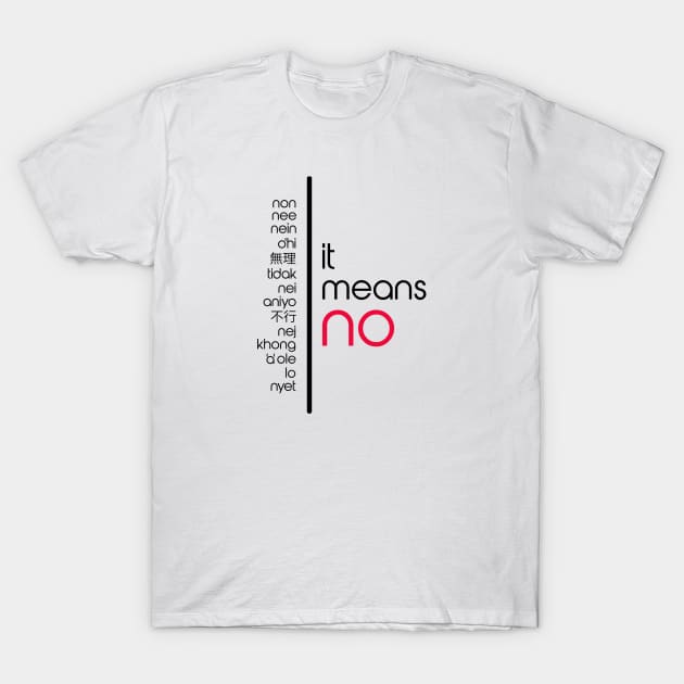 It Means No - No In Alternate Languages T-Shirt by MonkeyButlerDesigns